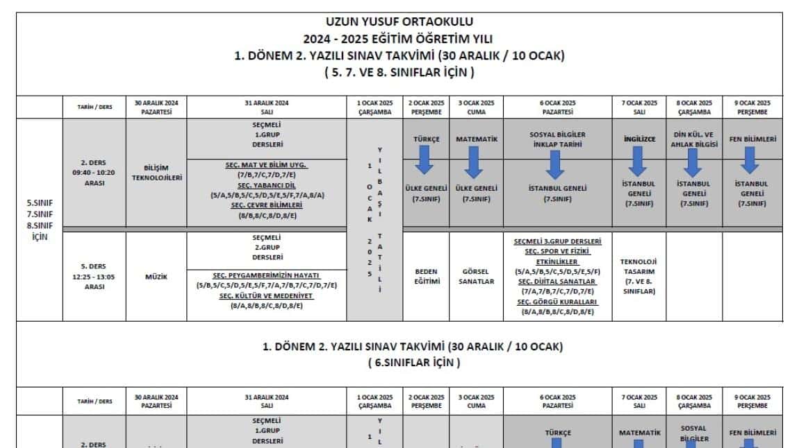 UZUN YUSUF ORTAOKULU 1.DÖNEM 2. SINAV TAKVİMİ